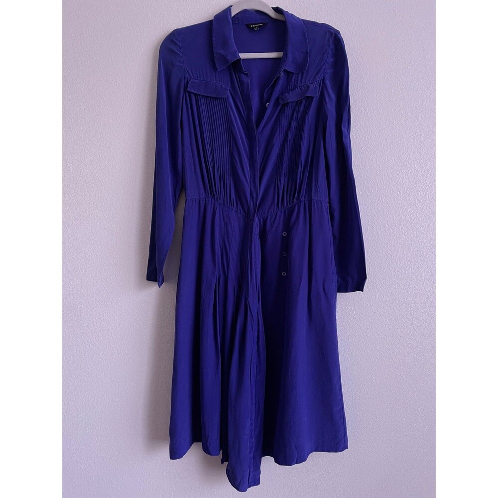 J. Peterman 100% Silk Dress Sz 10 Pleated Pintuck Long Sleeve Royal Blue Purple